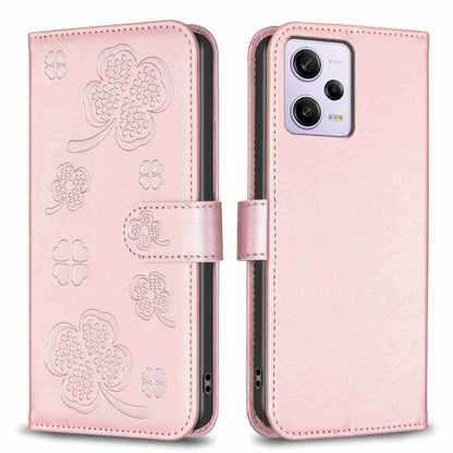 Four-leaf embossed leather phone case, pink folio flip with matching side strap