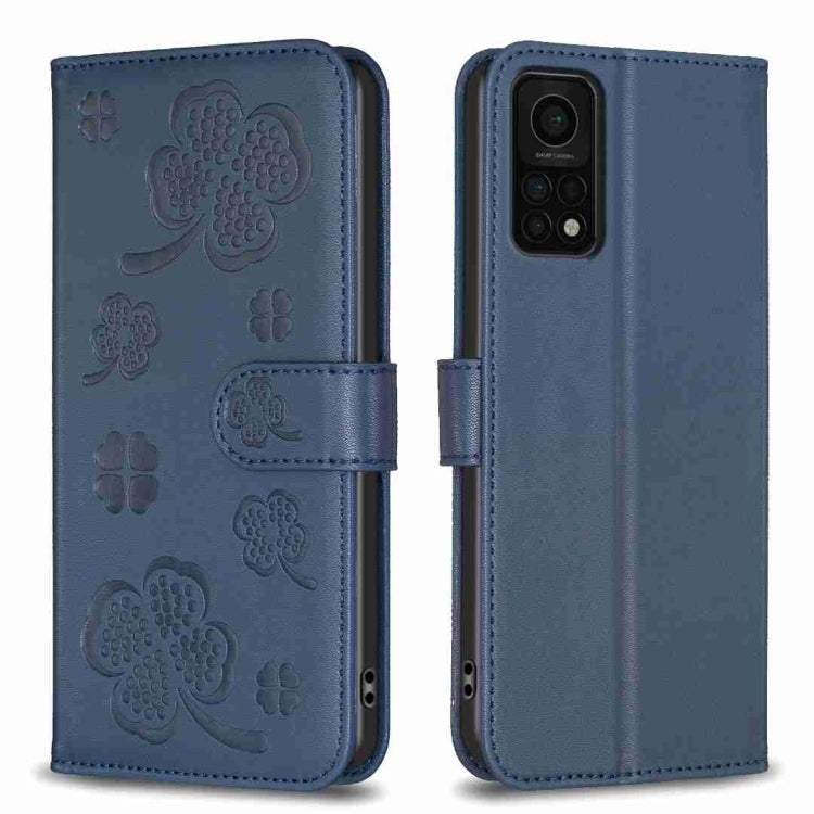 Blue four-leaf embossed leather phone case with wallet flap and magnetic strap