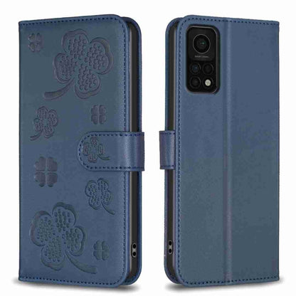 Blue four-leaf embossed leather phone case with wallet flap and magnetic strap