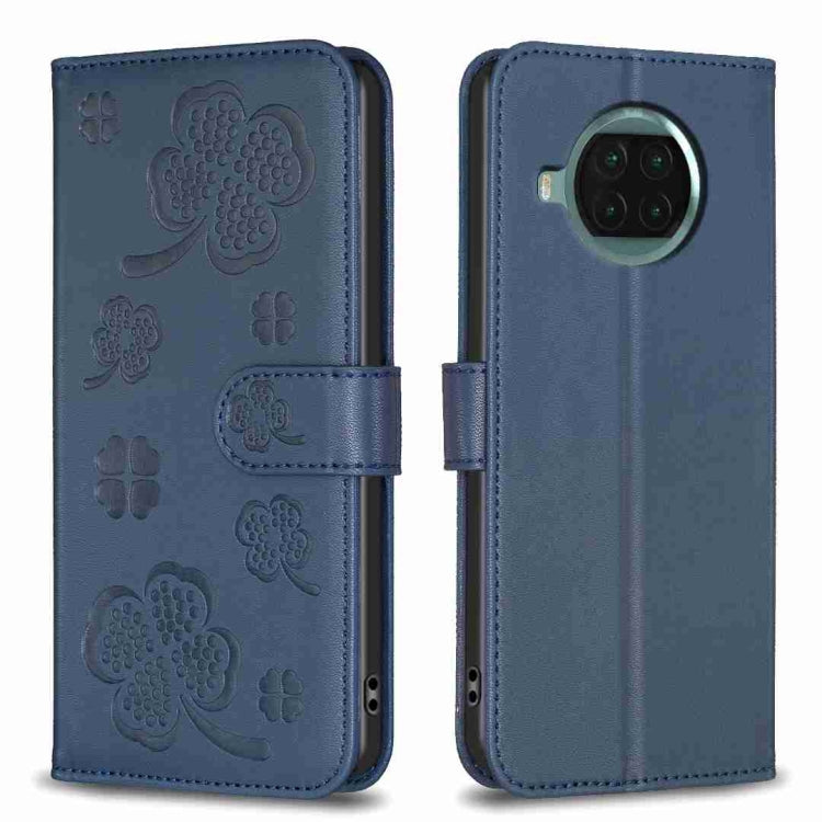 Blue four-leaf embossed leather phone case with wallet flap and magnetic strap