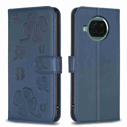 Blue four-leaf embossed leather phone case with wallet flap and magnetic strap