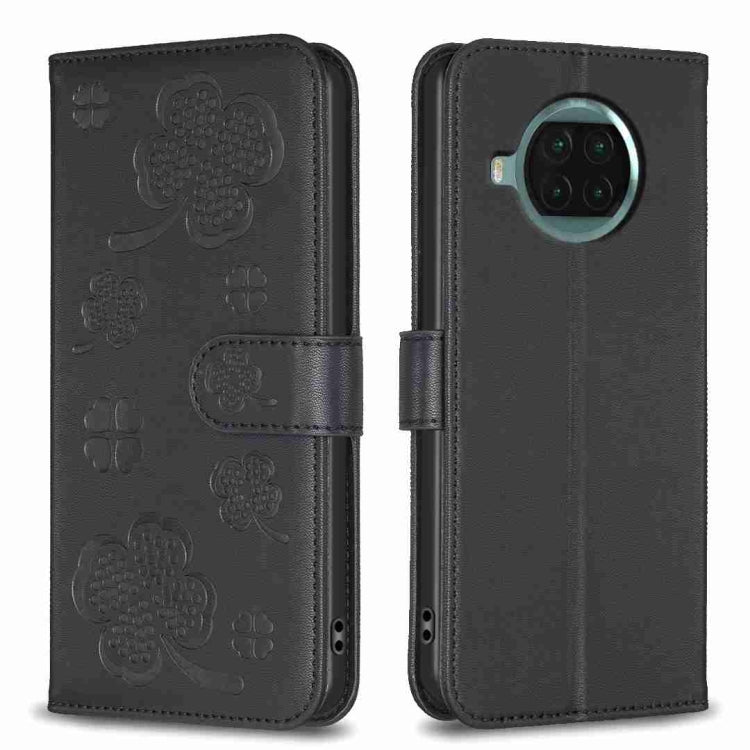 Four-leaf embossed leather phone case with flip strap, black