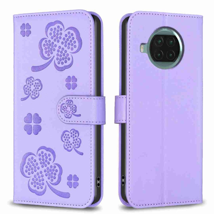Four-leaf embossed leather phone case with flip strap, lavender purple