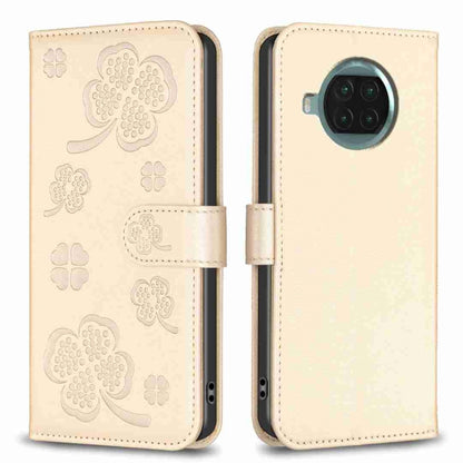 Four-leaf embossed leather phone case with flip strap, beige