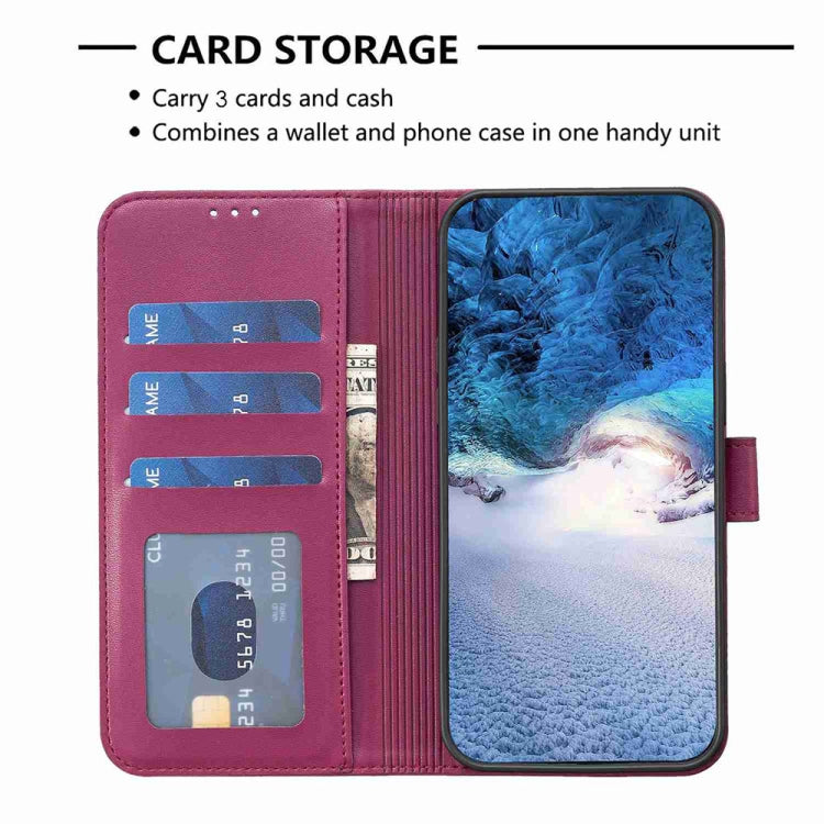 Rose-red leather wallet phone case with 3 card slots and four-leaf clover embossing