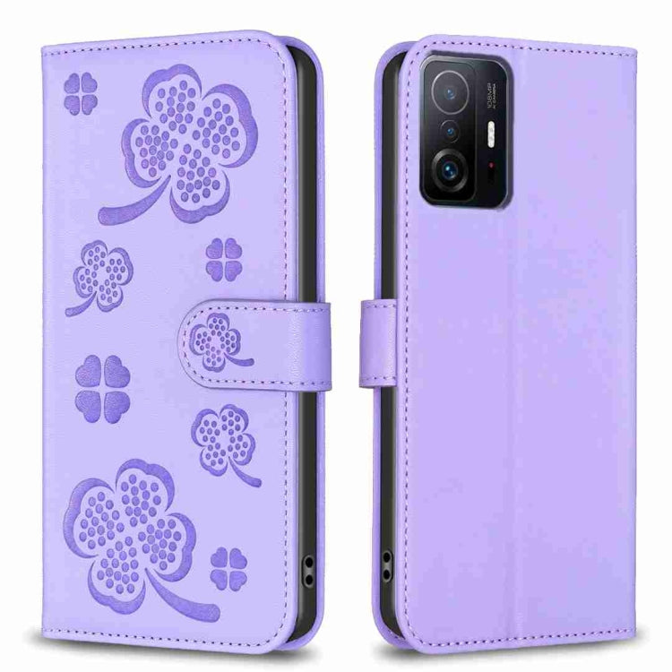 Light-purple embossed leather phone case with four-leaf clover pattern and folio flap