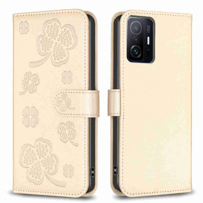 Four-leaf embossed leather phone case with folio strap, light beige color