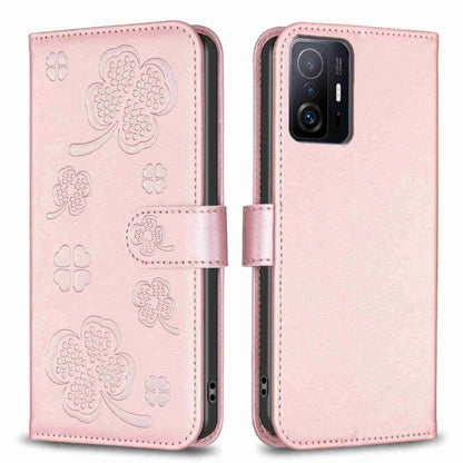 Four-leaf embossed leather phone case with folio strap, rose pink color