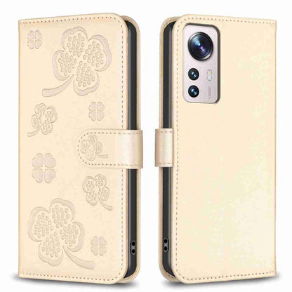 Four-leaf embossed leather phone case with folio strap, light beige