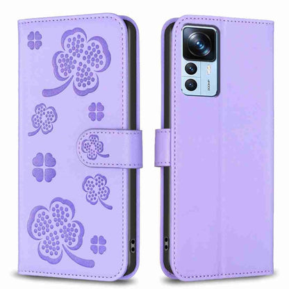 Four-leaf embossed leather phone case with folio strap, light purple