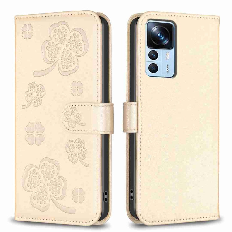 Four-leaf embossed leather phone case with folio strap, light beige