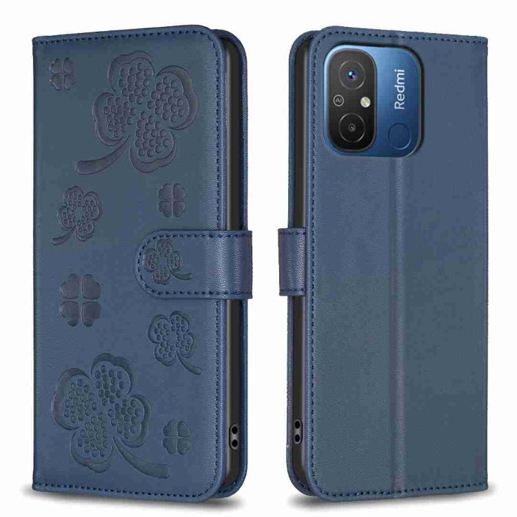 Blue four-leaf embossed leather phone case with flip cover and side strap, camera cutout
