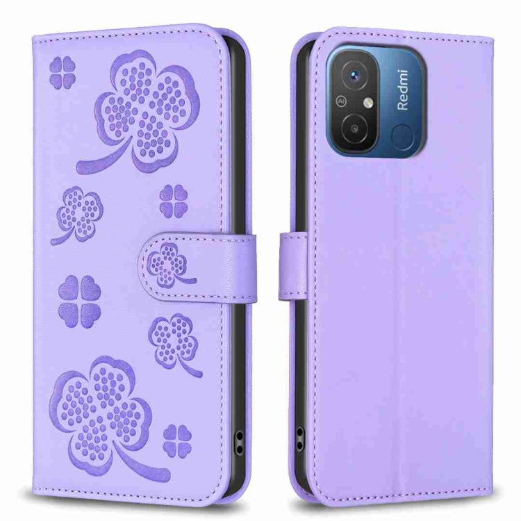Lavender four-leaf embossed leather phone case with flip cover and side strap, front and back views