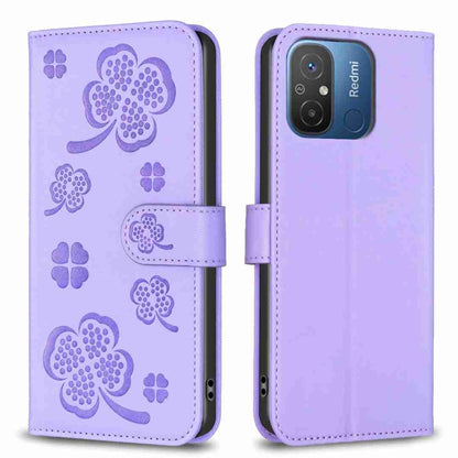 Lavender four-leaf embossed leather phone case with flip cover and side strap, front and back views