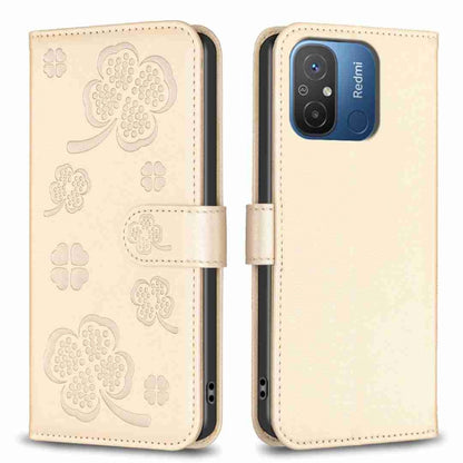 Beige four-leaf embossed leather phone case with flip cover and side strap, front and back views