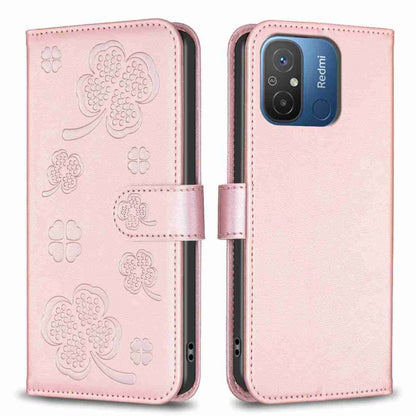 Pink four-leaf embossed leather phone case with flip cover and side strap, front and back views