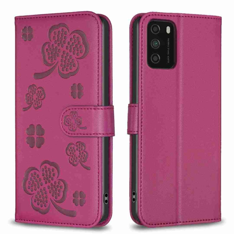 Rose red four-leaf embossed leather phone case with flip strap and camera cutout