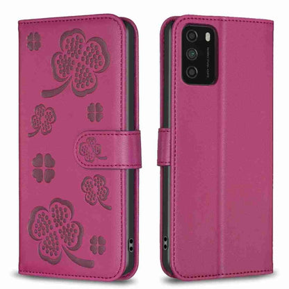 Rose red four-leaf embossed leather phone case with flip strap and camera cutout