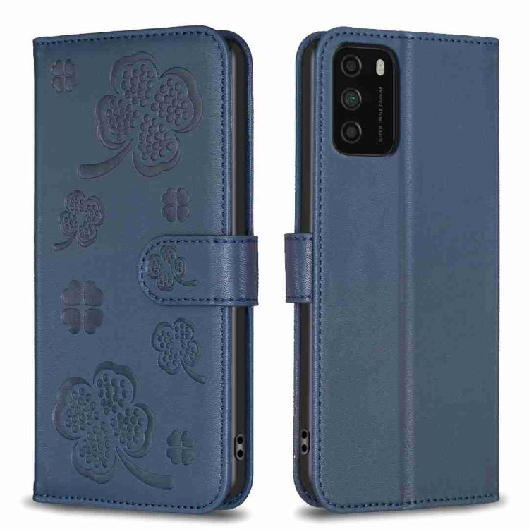 Blue four-leaf embossed leather phone case with flip strap and camera cutout