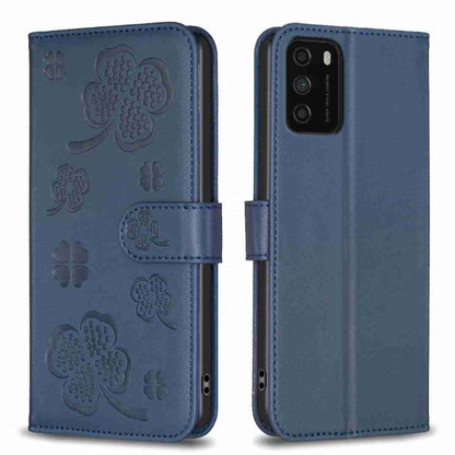 Blue four-leaf embossed leather phone case with flip strap and camera cutout
