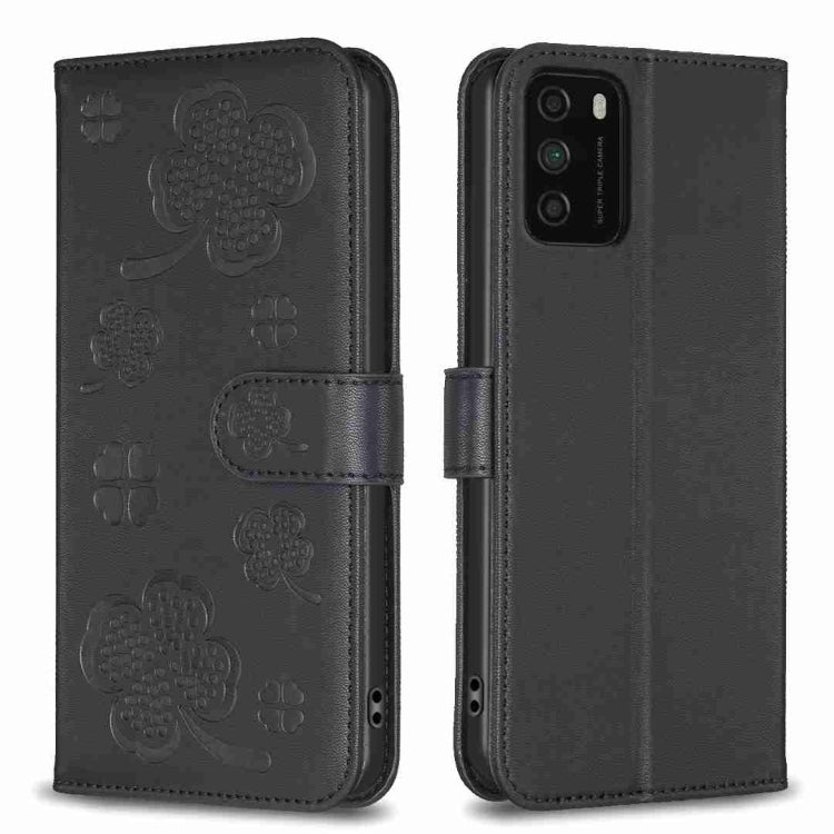 Dark four-leaf embossed leather phone case with flip strap and camera cutout