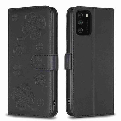 Dark four-leaf embossed leather phone case with flip strap and camera cutout
