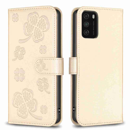 Beige four-leaf embossed leather phone case with wallet flap and magnetic strap