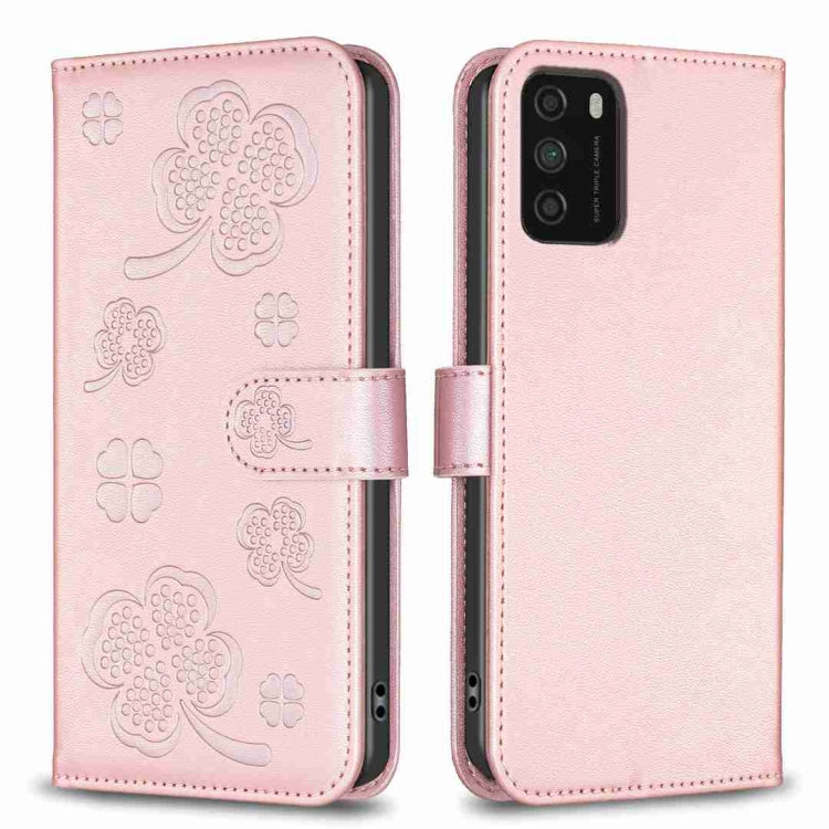 Rose-pink four-leaf embossed leather phone case with wallet flap and magnetic strap