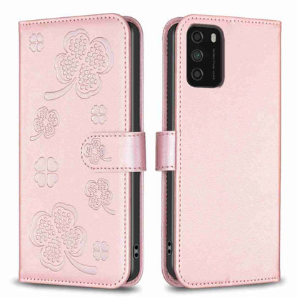 Rose-pink four-leaf embossed leather phone case with wallet flap and magnetic strap