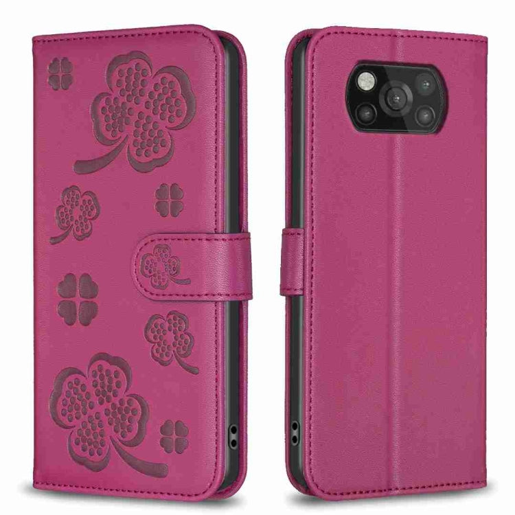 Four-leaf embossed leather phone case with flip strap, magenta purple