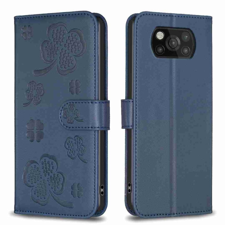 Four-leaf embossed leather phone case with flip strap, dark blue