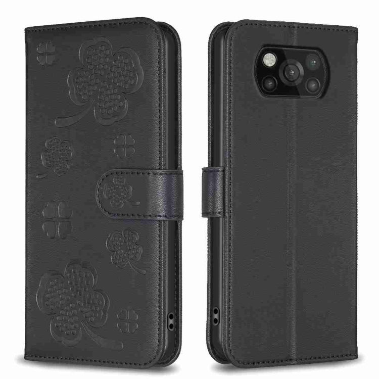 Four-leaf embossed leather phone case with flip strap, black
