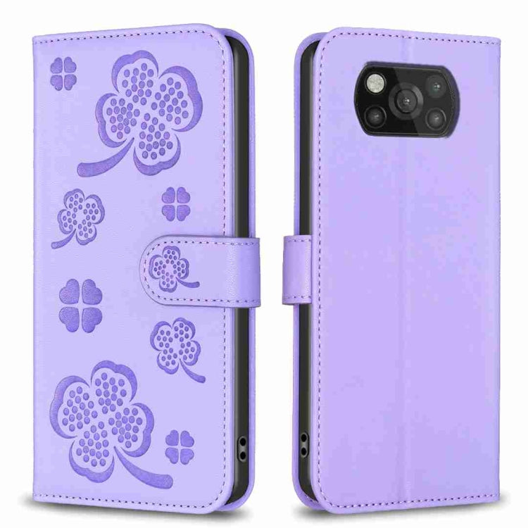 Four-leaf embossed leather phone case with flip strap, lavender purple
