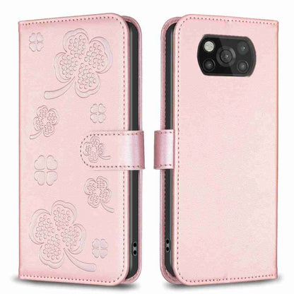 Four-leaf embossed leather phone case with flip strap, light pink