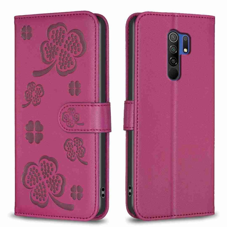 Four-leaf embossed leather phone case, magenta folio with card slot and multi-camera cutouts