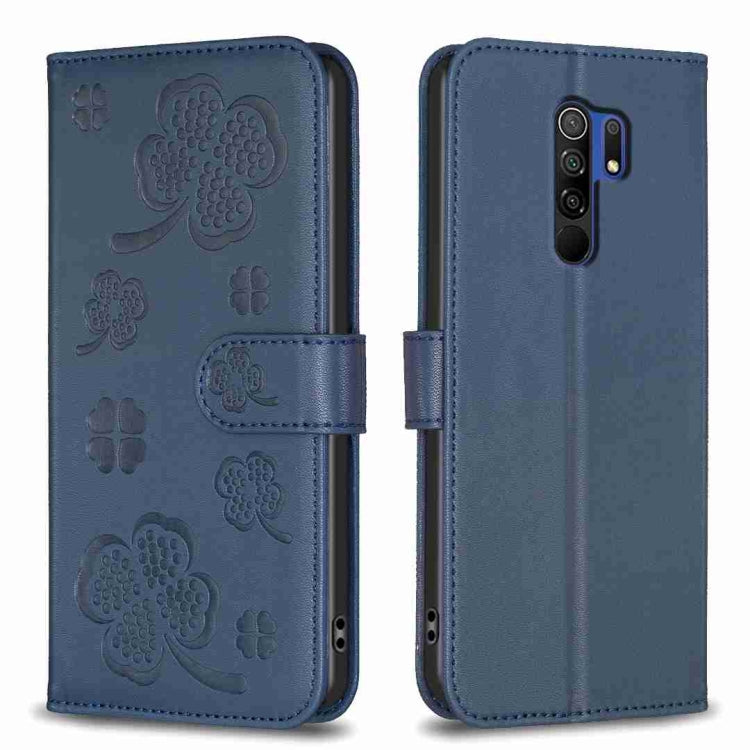 Four-leaf embossed leather phone case, blue folio with card slot and multi-camera cutouts