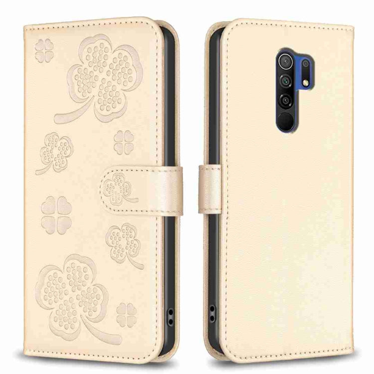 Beige embossed leather phone case with four-leaf clover pattern, flip cover design