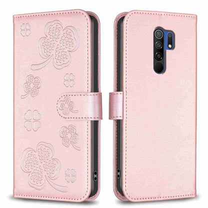 Pink embossed leather phone case with four-leaf clover pattern, flip cover and cutouts