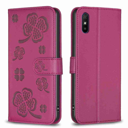 Four-leaf embossed leather phone case, rose red folio with card slot and camera cutout