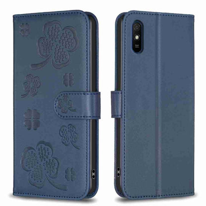 Four-leaf embossed leather phone case, blue folio with card slot and camera cutout