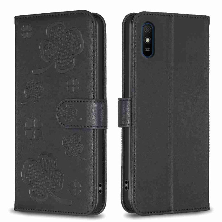 Four-leaf embossed leather phone case, dark/black folio with card slot and camera cutout