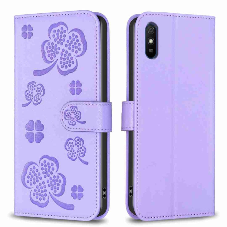 Four-leaf embossed leather phone case, lavender folio with card slot and camera cutout