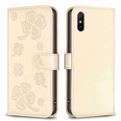 Four-leaf embossed leather phone case, beige folio with card slot and camera cutout