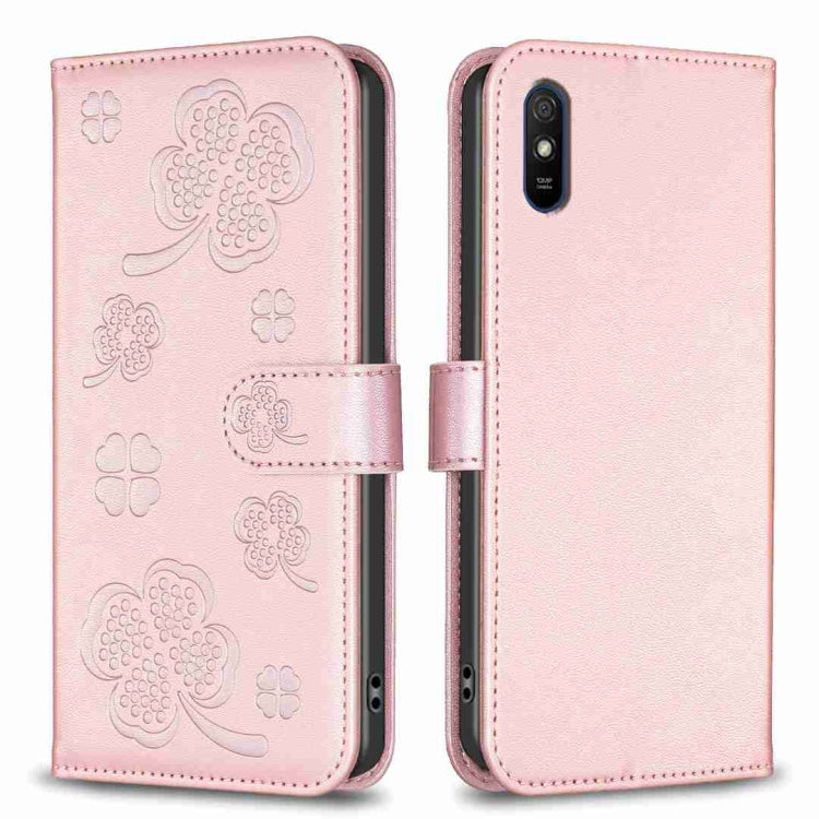 Four-leaf embossed leather phone case, light pink folio with card slot and camera cutout