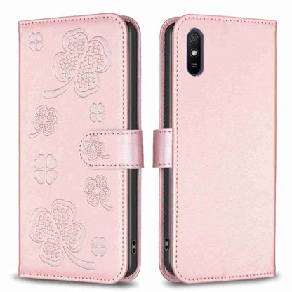 Four-leaf embossed leather phone case, light pink folio with card slot and camera cutout