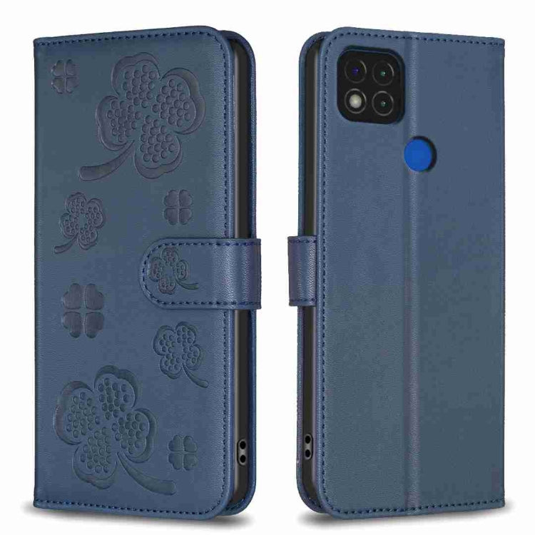 Embossed leather phone case with clover pattern and side flip strap, deep blue