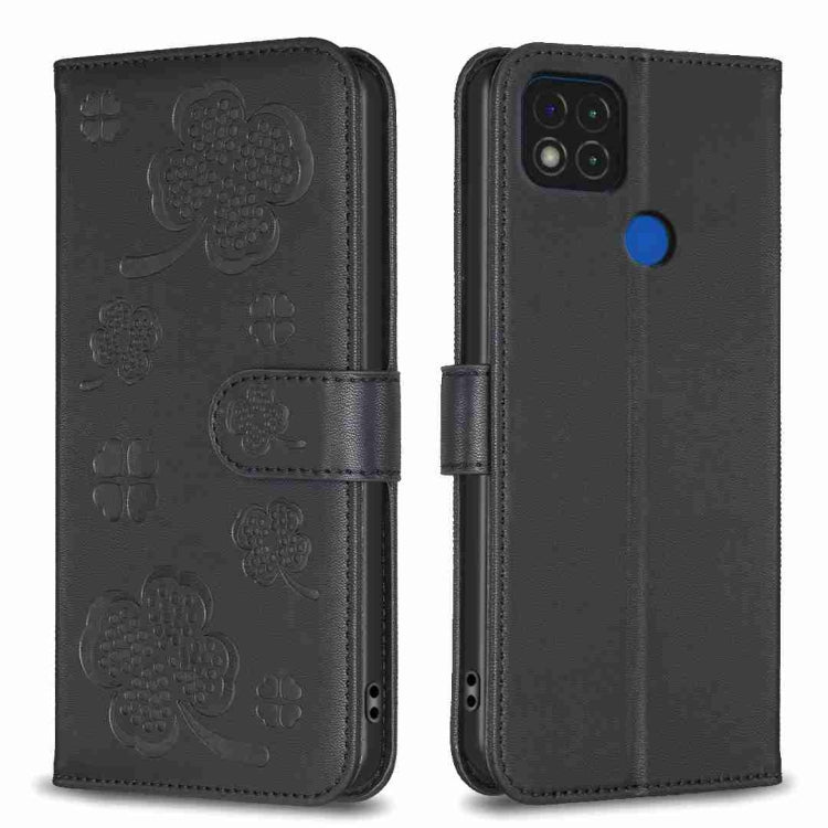 Embossed leather phone case with clover pattern and side flip strap, black