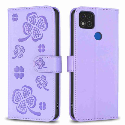 Embossed leather phone case with clover pattern and side flip strap, lavender