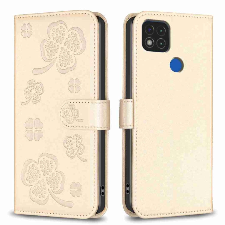 Four-leaf embossed leather phone case with folio flap, beige with clover pattern.