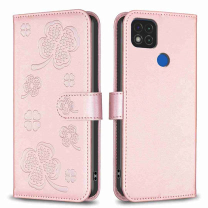 Four-leaf embossed leather phone case with folio flap, pink with clover pattern.